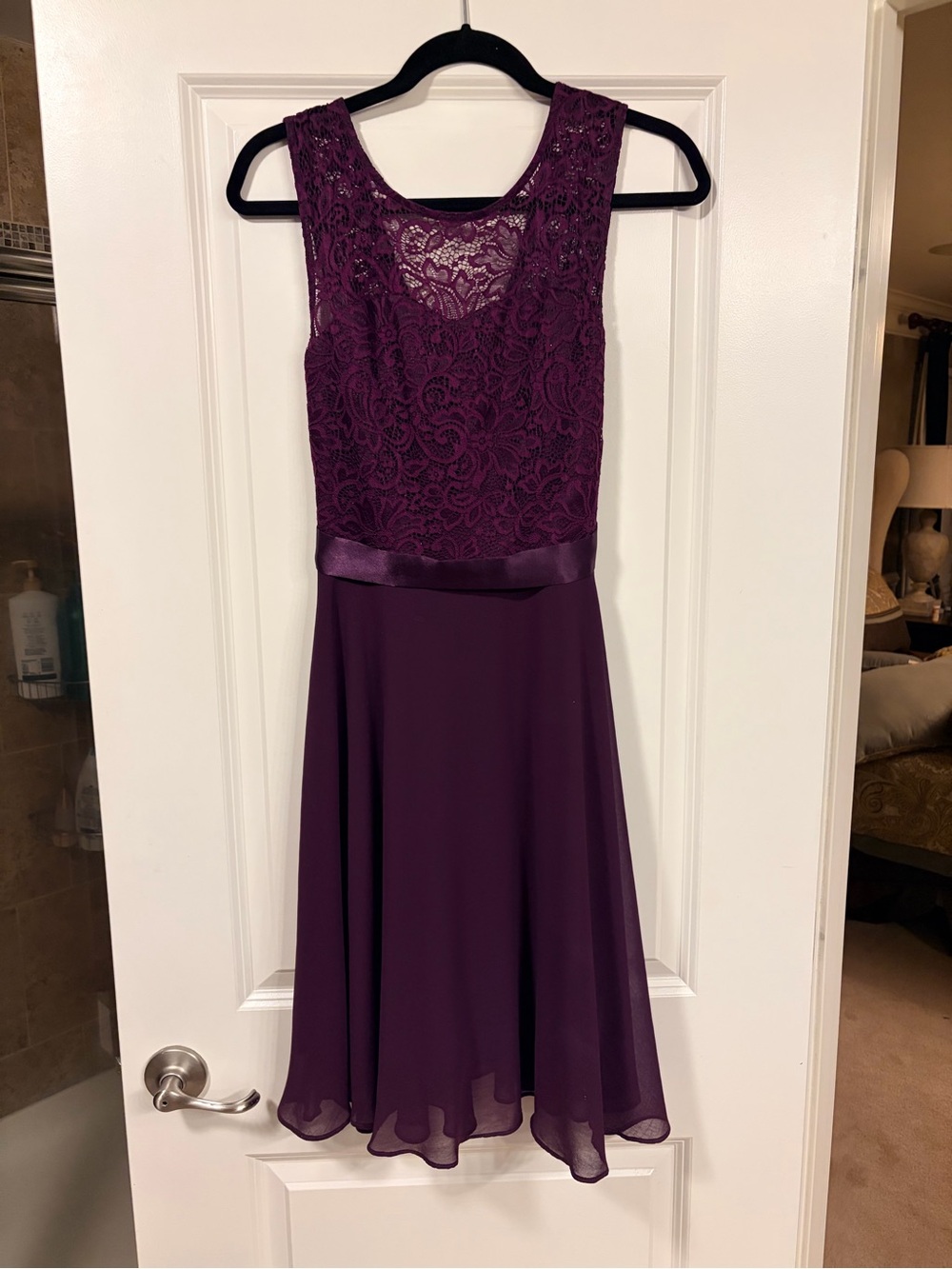 Juniors Sleeveless Lace Bodice Chiffon Skirt Dress in Plum - Size S